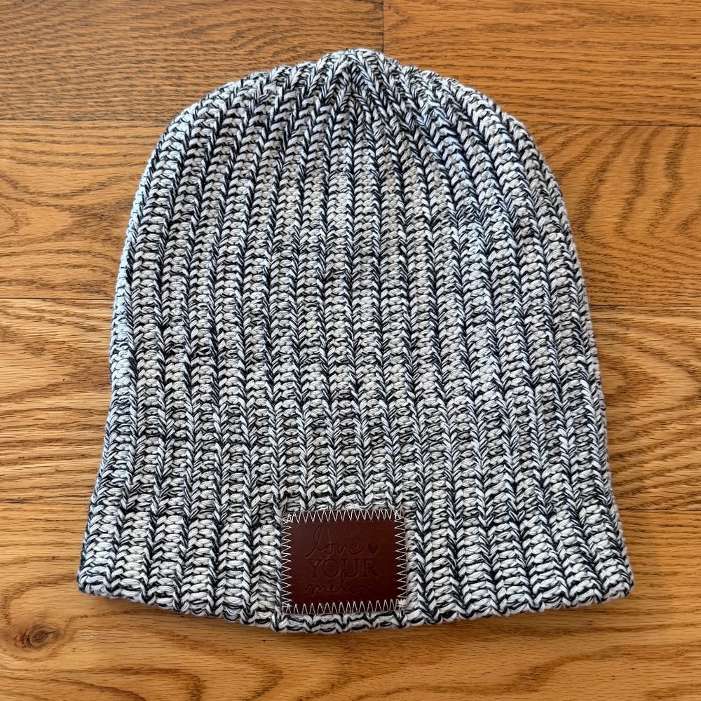 Love Your Melon Salt and Pepper (Black and White) Leather Patch Beanie